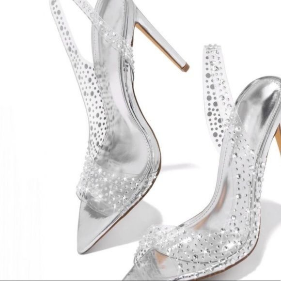 !! NEW !! Transparent Slingback Peep Toe Embellished Heels in Silver - Picture 2 of 6
